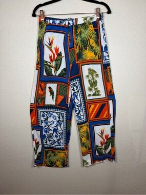 Crosby Cartolina Print 100% Rayon Cropped Pants XS Tropical Resortwear Breezy